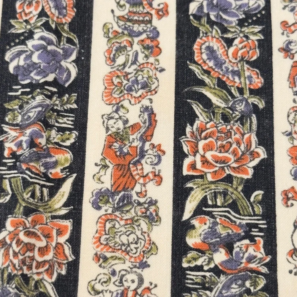Vintage Chinoiserie Stripe Cloth Napkins Set of 7 Navy Cream Floral Birds 16x16